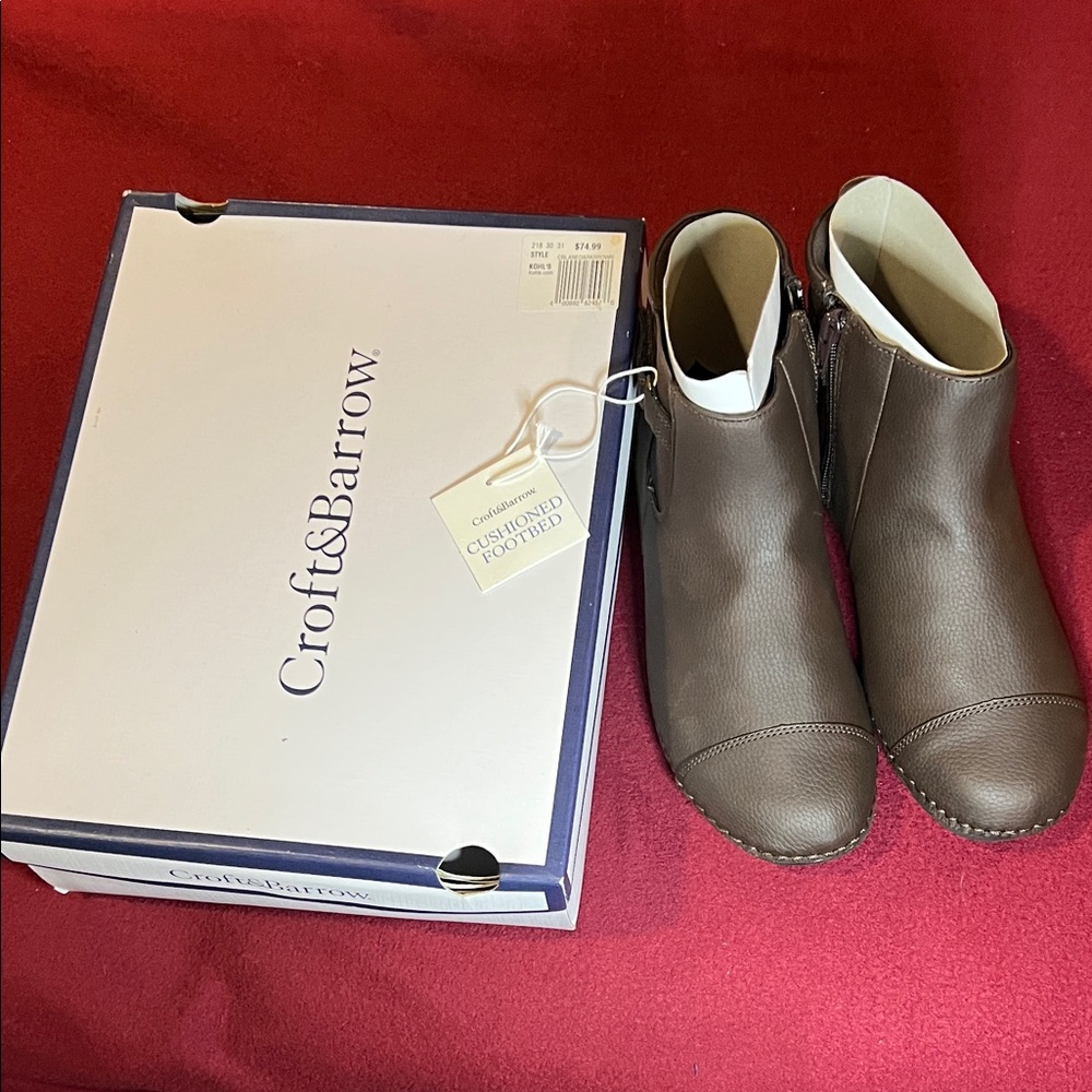 croft & barrow Brown Leather Ankle Boots with Side Zipper